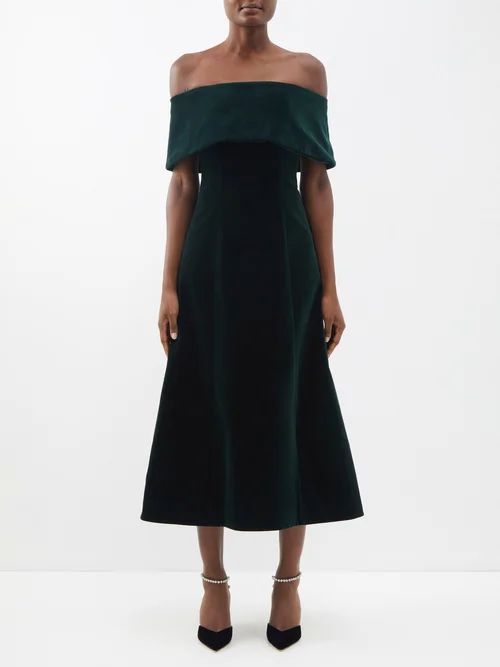 Carita Off-the-shoulder Velvet Midi Dress - Womens - Dark Green