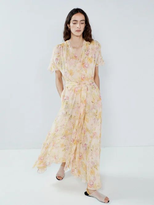 Acid Floral-print Tie-sleeve Silk Dress - Womens - Yellow Print
