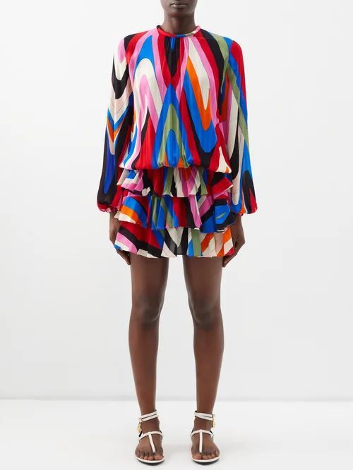 Moire-print Ruffled Crepe Mini Dress - Womens - Multi