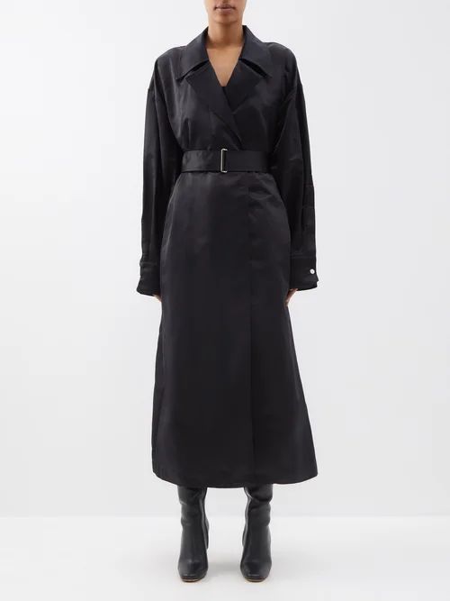Valentina Belted Silk-satin Trench Coat - Womens - Black