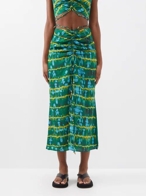 Safia Ruched Shibori-print Jersey Skirt - Womens - Green Multi