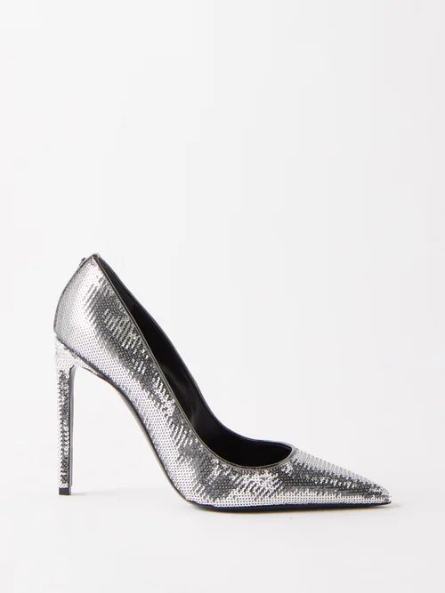 Point-toe 105 Sequinned Pumps - Womens - Silver