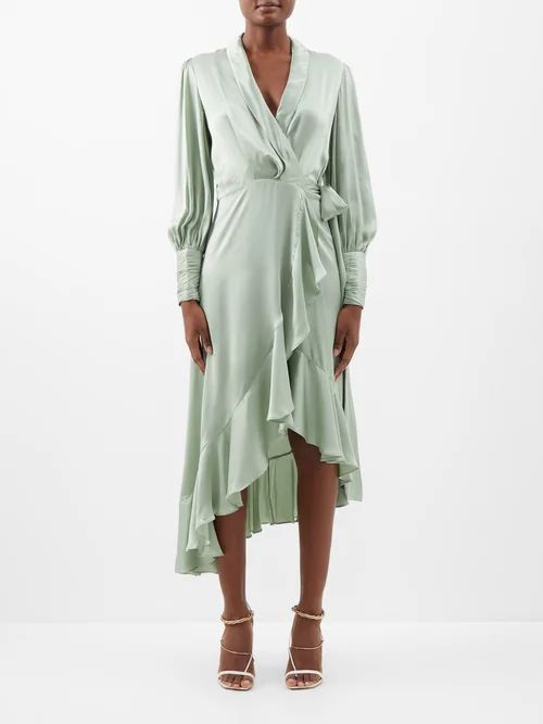Ruffled Asymmetric Silk-satin Wrap Dress - Womens - Light Green