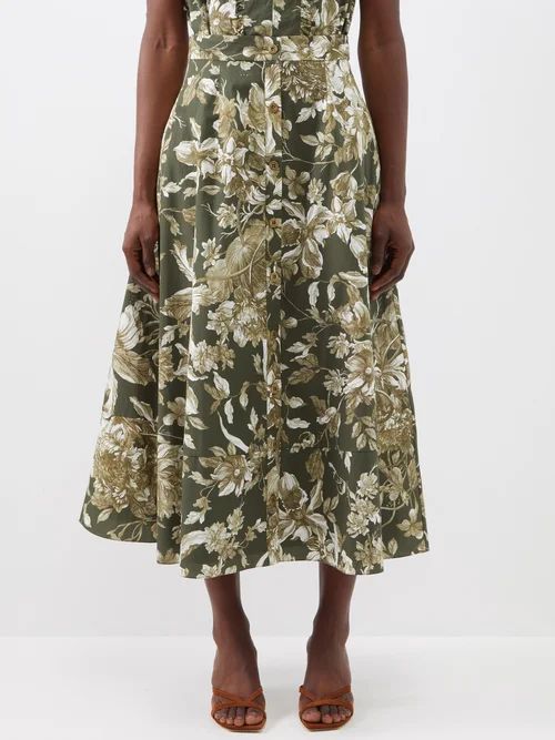 Meryl Floral-print Poplin Midi Skirt - Womens - Green Multi