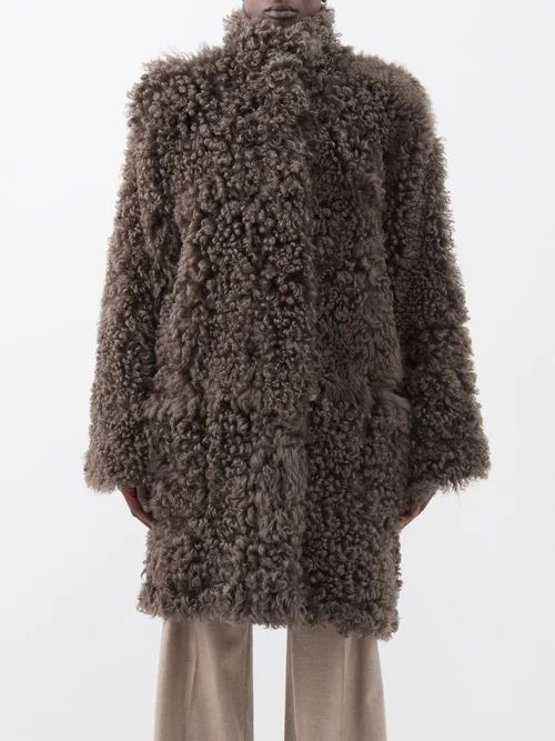 Stand-collar Curly Shearling Coat - Womens - Grey