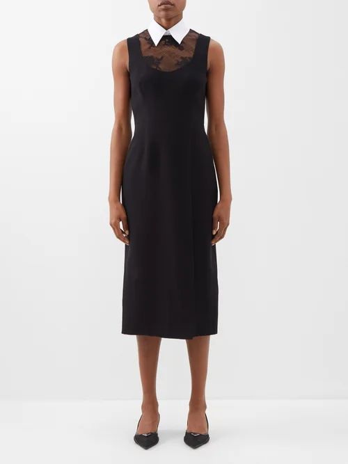 Point Collar Lace And Cady Midi Dress - Womens - Black