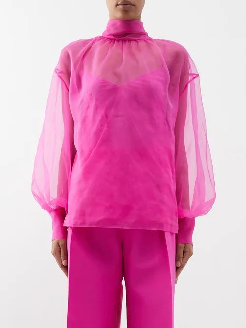 Pussy-bow Organza Blouse - Womens - Pink