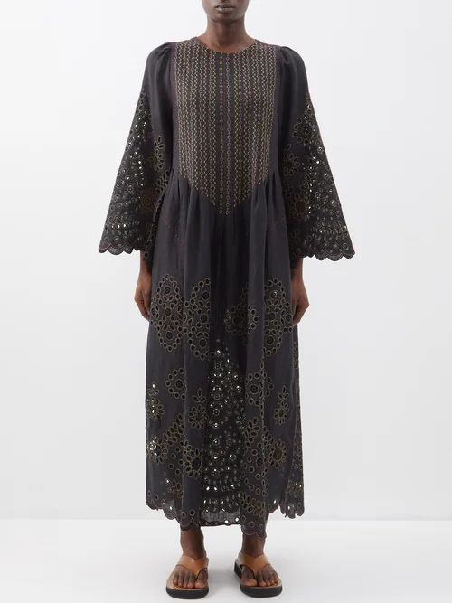 Luna Embroidered Linen Dress - Womens - 01bk