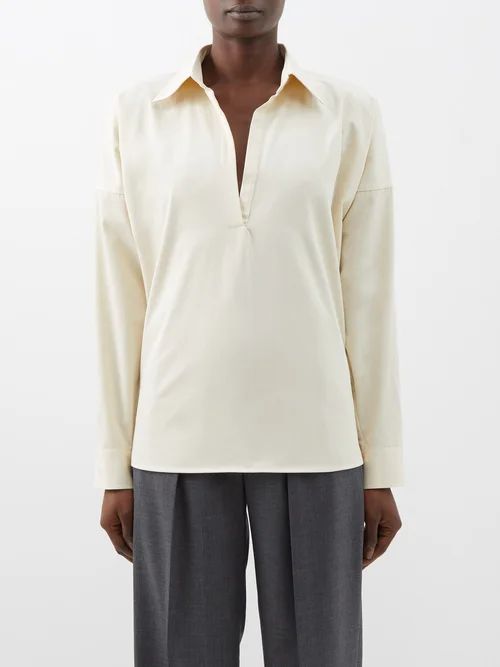 Open-collar Washed-cotton Shirt - Womens - Sand