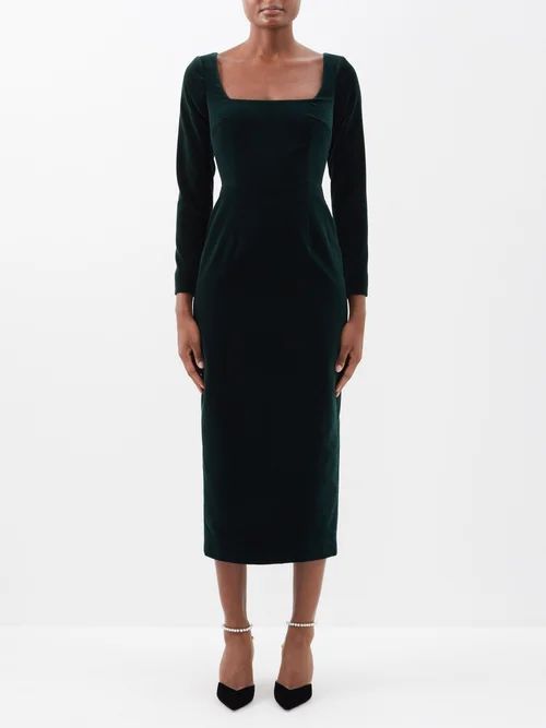 Nyla Square-neck Cotton-velvet Midi Dress - Womens - Dark Green