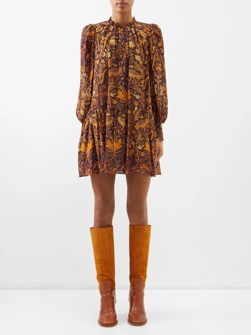 Maja Floral-print Cotton-blend Mini Dress - Womens - Brown Multi