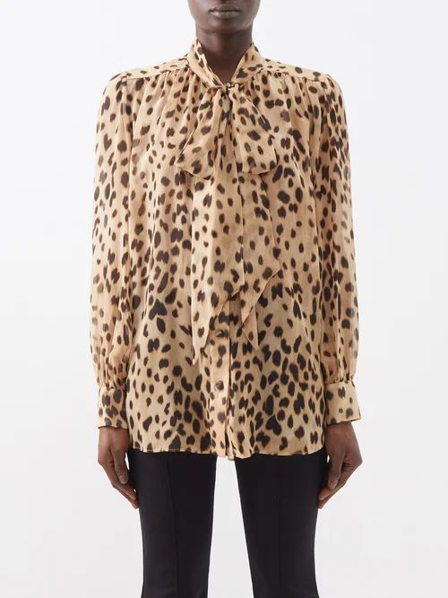 Pussy-bow Leopard-print Blouse - Womens - Beige