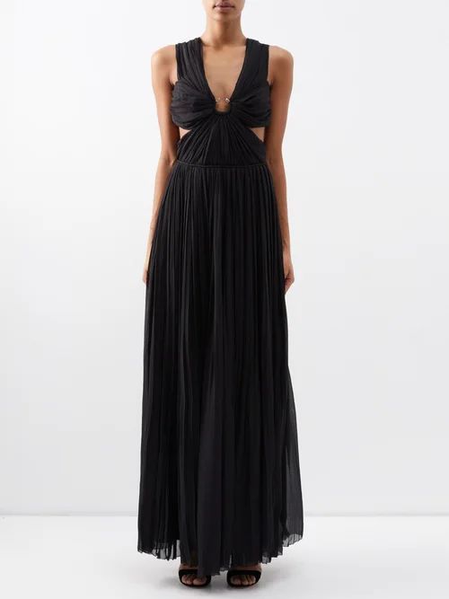Off-the-shoulder Pleated Silk-gauze Gown - Womens - Black