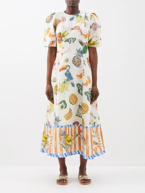 Theo Printed Linen-blend Midi Dress - Womens - Multi