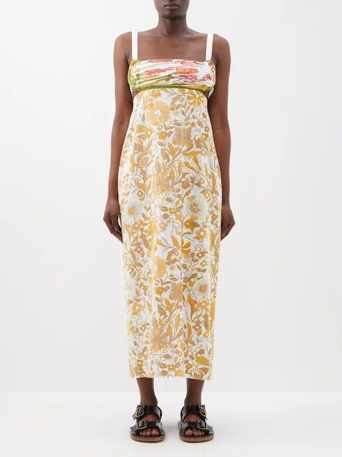 Tropicalia Upcycled Printed Cotton Midi Dress - Womens - Yellow Multi