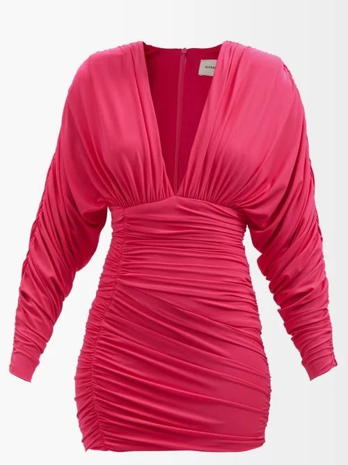 Plunge-neck Ruched Jersey Dress - Womens - Pink