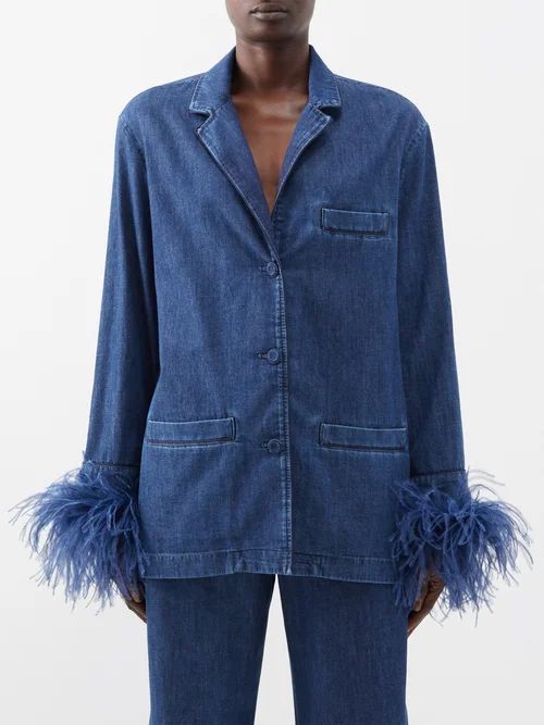 Ostrich-feather Cuffs Denim Shirt - Womens - Dark Blue