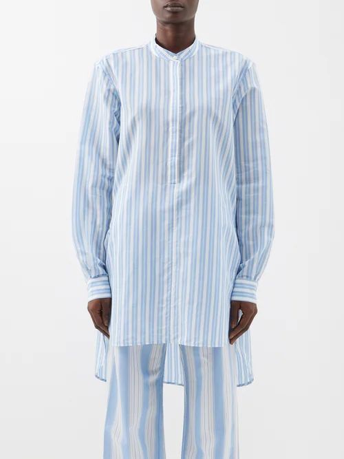 Stand-collar Longline Cotton-blend Poplin Shirt - Womens - Blue White