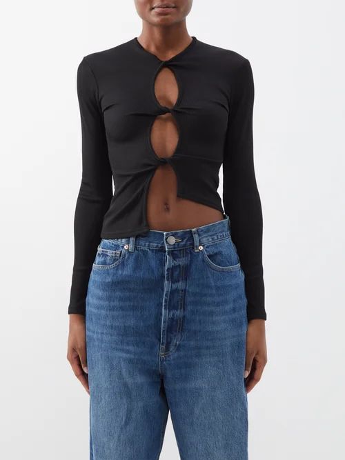 Cutout Twist-front Ribbed-knit Top - Womens - Black