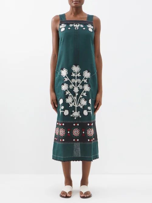 Ulya Floral-embroidered Linen Midi Dress - Womens - Green Multi