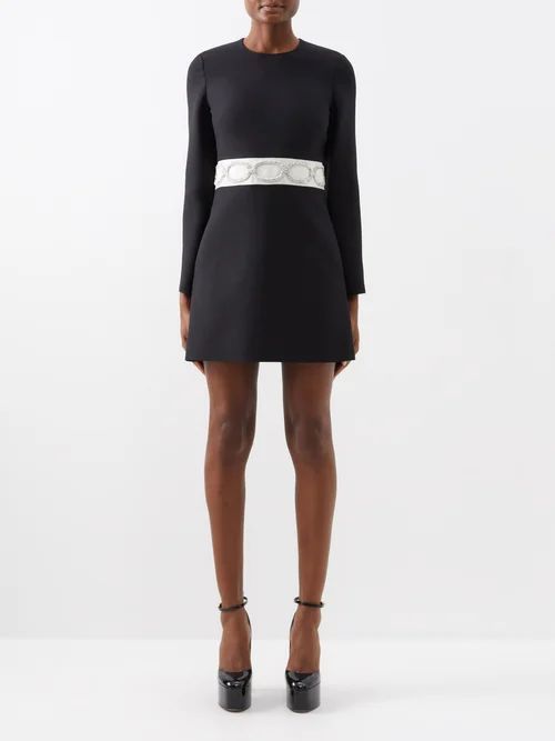 Crepe Couture Belt-embroidered Wool-blend Dress - Womens - Black White