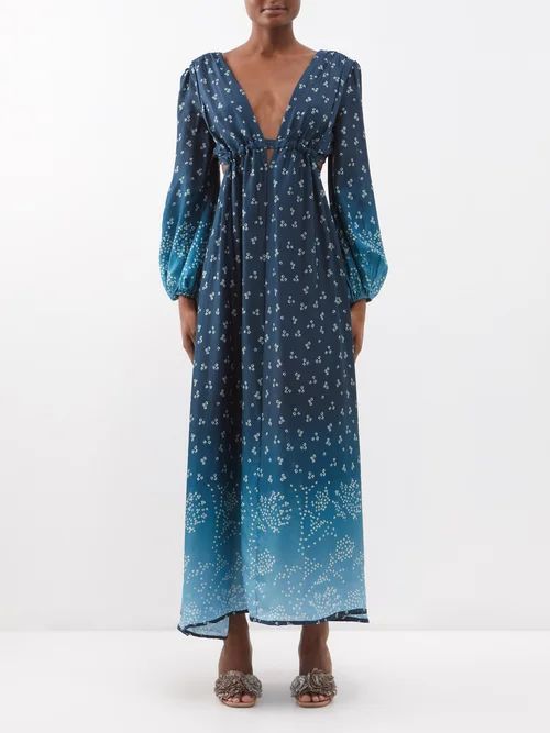 Emery Floral-print Silk-habotai Maxi Dress - Womens - Dark Blue