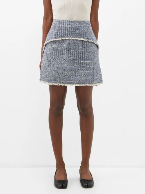 Frayed-trim Tweed Mini Skirt - Womens - Blue