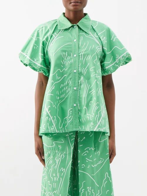 Printed Puff-sleeve Cotton-poplin Shirt - Womens - Green White