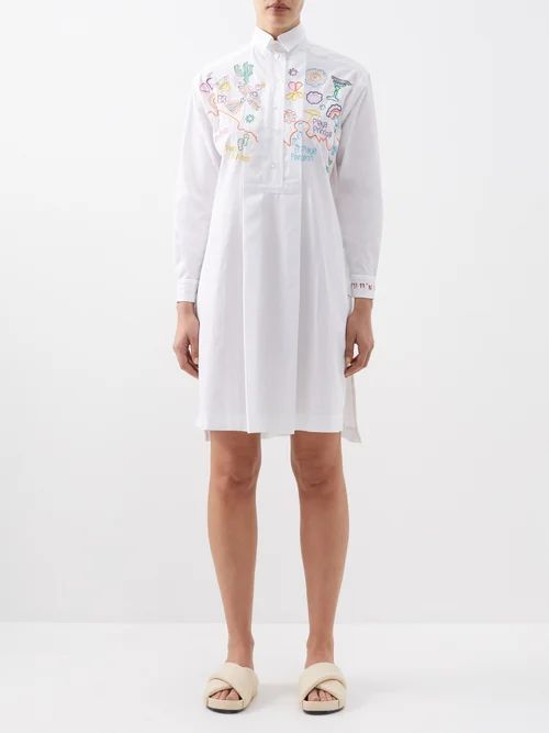 Oaxaca Map-embroidered Cotton-voile Shirt Dress - Womens - White Multi