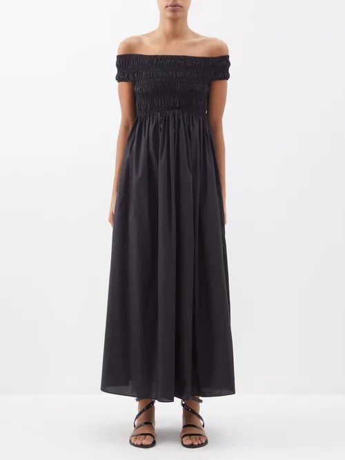 Shirred Off-the-shoulder Organic-cotton Maxi Dress - Womens - Black
