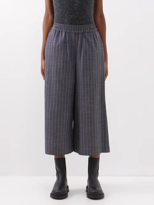 Cropped Pinstriped Wool-blend Trousers - Womens - Grey