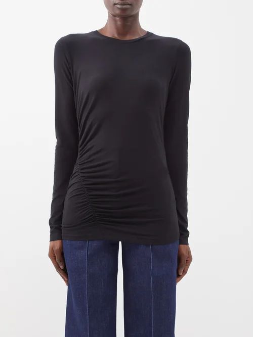 Ruched Long-sleeved Jersey T-shirt - Womens - Black