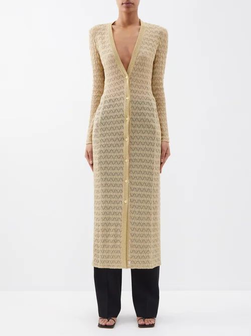V-neck Wave-knit Lamé Long Cardigan - Womens - Beige