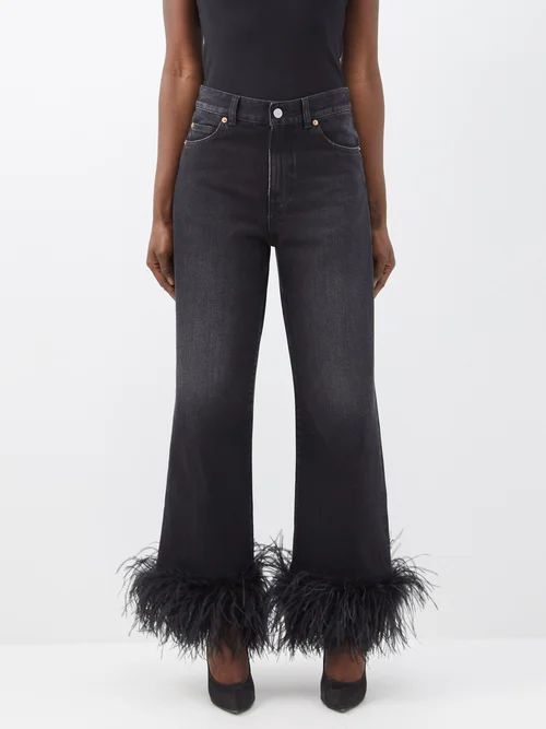 Detachable Ostrich-feather Cuff Cropped Jeans - Womens - Black