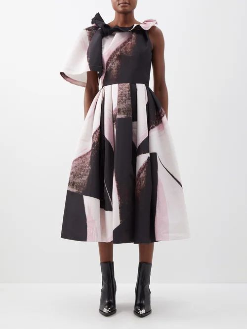 Asymmetric Brushstroke-print Faille Gown - Womens - Black White Multi