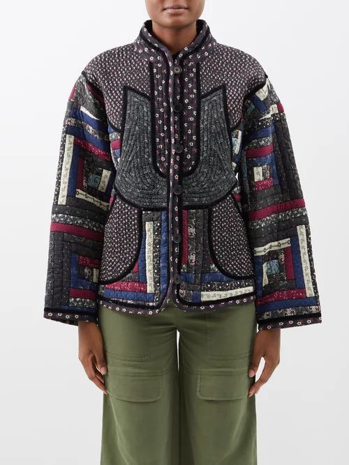 Alani Velvet-trim Quilted Cotton Jacket - Womens - Black Multi