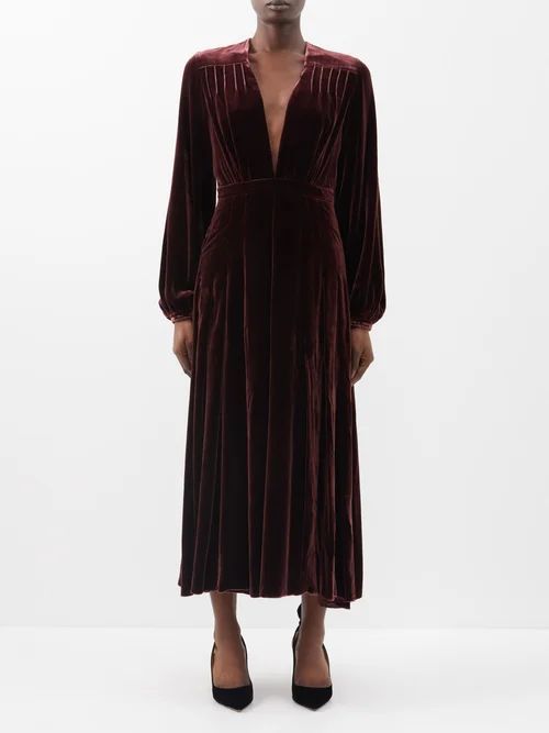 Clara Pintucked Velvet Dress - Womens - Brown Red