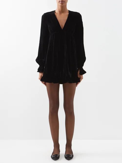 V-neck Velvet Mini Dress - Womens - Black