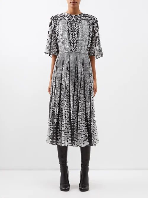 Kliulo Geometric-print Pleated Georgette Dress - Womens - Ivory Multi
