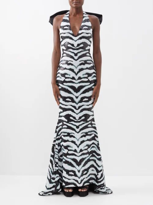Bow-tied Zebra-stripe Sequinned Gown - Womens - Black White
