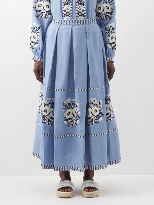 Kristinka Floral-embroidered Linen Midi Skirt - Womens - Blue Multi