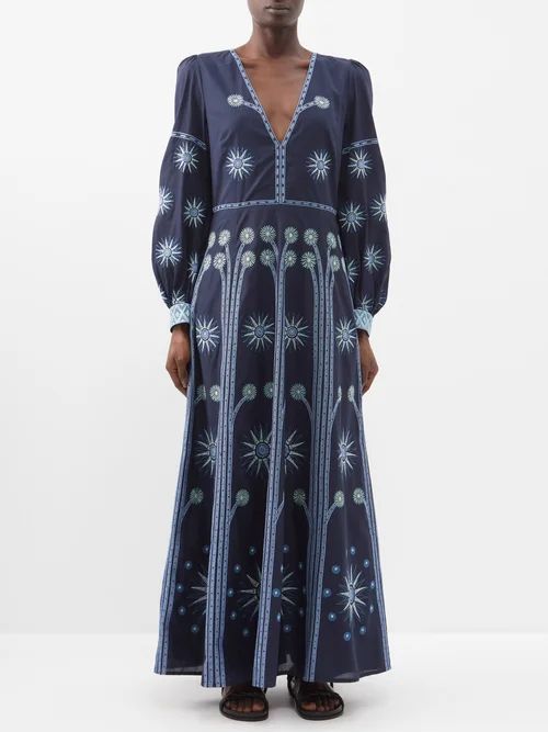 Adelaide Embroidered V-neck Maxi Dress - Womens - Blue