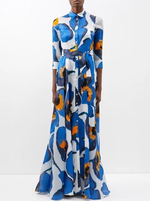 Poppy-print Silk-chiffon Gown - Womens - Blue Multi