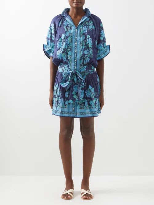 Floral-print Cotton Mini Dress - Womens - Blue Multi