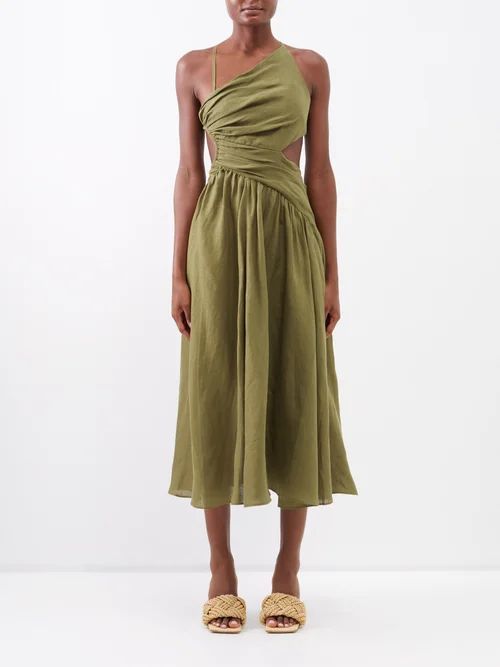 Laurel Asymmetric Linen Midi Dress - Womens - Olive
