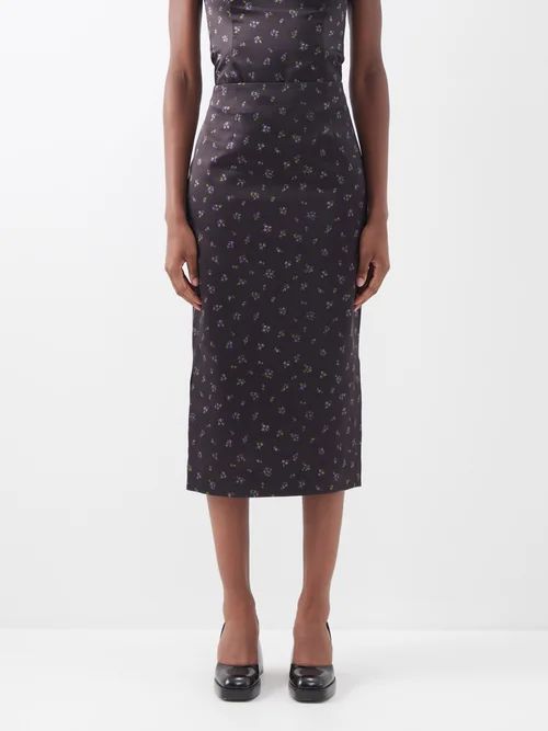 Floral-print Silk-satin Midi Skirt - Womens - Black Multi