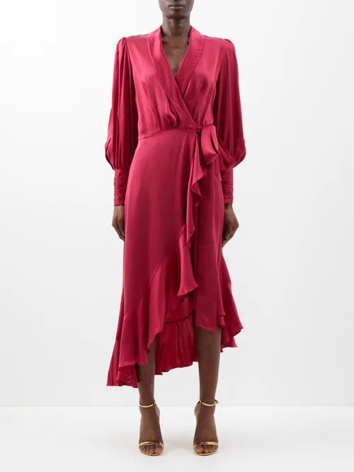 Ruffled Asymmetric Silk-satin Wrap Dress - Womens - Dark Red
