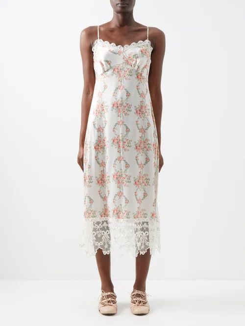 Lace-trimmed Floral-print Satin Slip Dress - Womens - Cream Multi