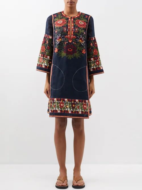 Tender Floral-jacquard Linen Dress - Womens - Navy Multi