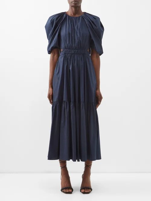 Claire Gathered Cotton-poplin Midi Dress - Womens - Blue Navy